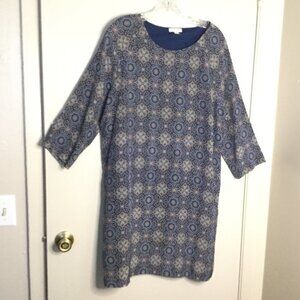 Garnet Hill Blue Geometric Pattern Silk Shift Dress